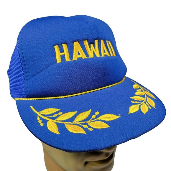 Hawaiian Headwear Other - Vintage Hawaii 5-Panel Foam Trucker Hat Cap Mesh Back Leaf Brim Blue / Gold